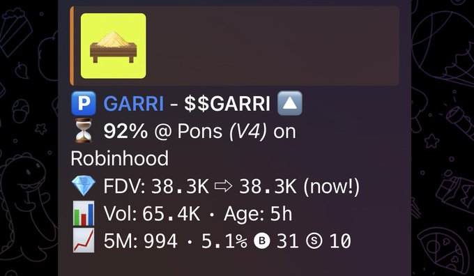 A crypto token information card on a dark background with decorative line art. It shows a sand/powder pile icon with text reading 'GARRI - $GARRI', '92% @ Pons (V4) on Robinhood', 'FDV: 38.3K ⇔ 38.3K (now!)', 'Vol: 65.4K • Age: 5h', and '5M: 994 • 5.1% 31☀10'.