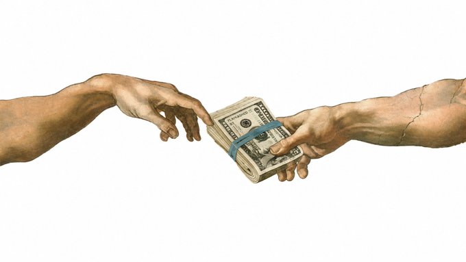 This iconic recreation of Michelangelo's "Creation of Adam" depicts two hands nearly touching as one offers a banded stack of $50 bills labeled "FIFTY" to the other. The image cleverly illustrates the accompanying post's theme of exchanging wallets on "day 1," symbolizing the act of sending or transferring money between two parties.
