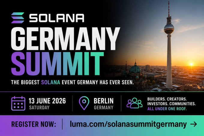 The image features a poster for the Solana Germany Summit, which was held on June 13, 2016. The poster showcases a city skyline at sunset with the text "Solana Germany Summit" written above it. Below this, there are two dates - June 13 and June 26, along with an event description that reads: "The biggest Solana event Germany has ever seen." The image also includes a map of Berlin, which is located in Germany.