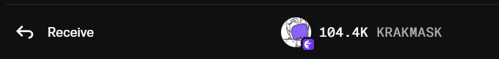 A dark-themed crypto wallet interface showing a 'Receive' screen with a profile icon displaying '104.4K KRAKMASK'.