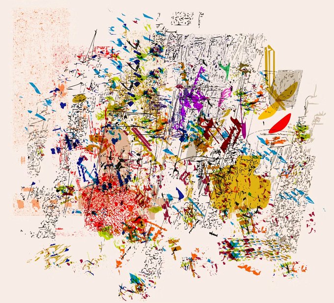 Abstract digital artwork featuring chaotic splatters and strokes of red, yellow, blue, green, and purple against an off-white background.