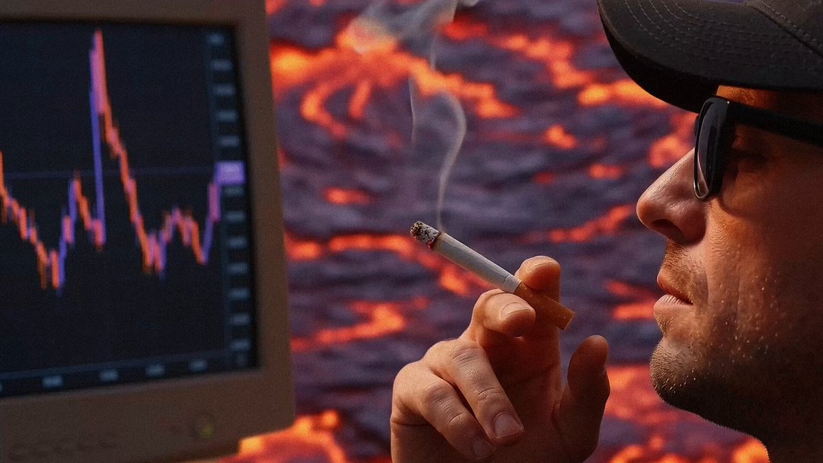 The image depicts a man smoking a cigarette while looking at some stock market graphs displayed on a monitor. There is also an animated representation of a volcano, with smoke coming out of it as the man smokes his cigarette next to it. The combination of these elements creates an unusual and eye-catching scene that may be a part of a visual marketing campaign for the stock exchange or finance news website.