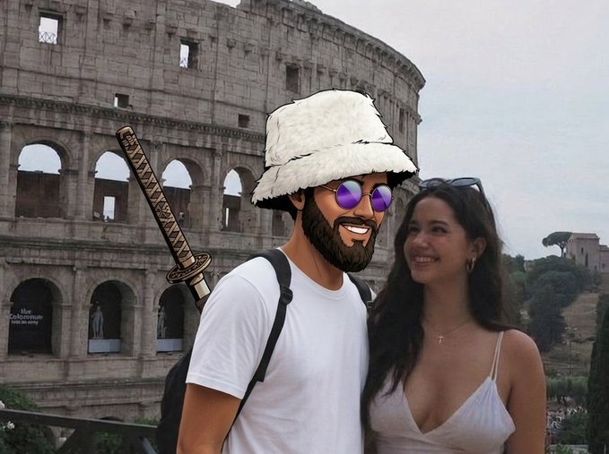 A photo taken in front of the Roman Colosseum shows a woman smiling beside a person whose face is digitally edited onto a cartoonish figure wearing a bucket hat, sunglasses, and carrying a sword.
