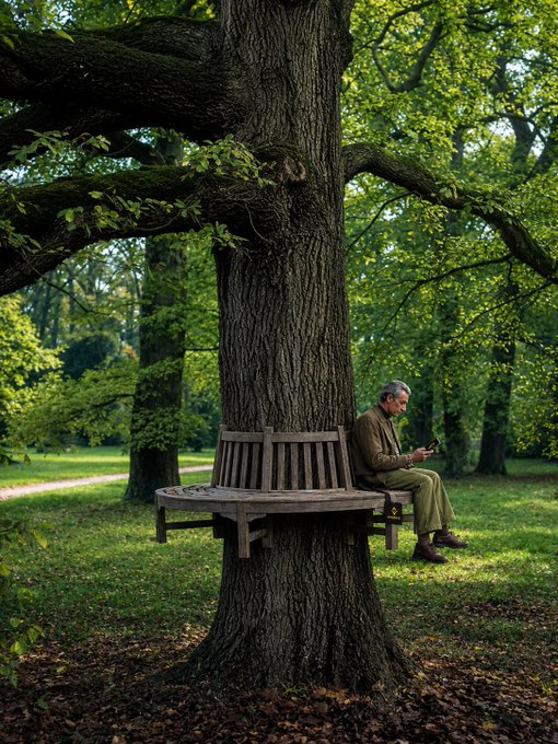 An elderly man sits peacefully on a wooden bench built around a large tree in a lush park, focused on his phone—capturing a quiet, solitary morning moment that perfectly complements the calm and inviting atmosphere suggested by the caption.