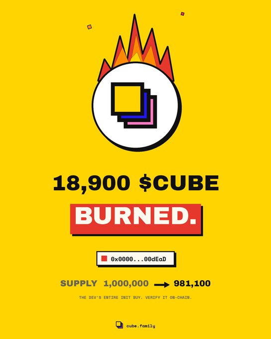 A bright yellow infographic announcing that 18,900 $CUBE tokens have been burned, reducing the total supply from 1,000,000 to 981,100, with the project name 'cube.family' at the bottom.