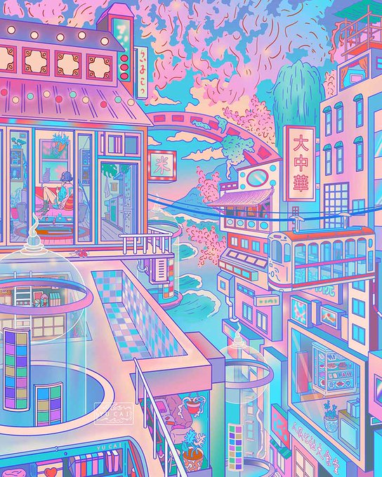 A vibrant, colorful anime-style illustration of a futuristic Japanese cityscape featuring neon signs, cherry blossoms, a train, and Japanese characters including '大中華'.