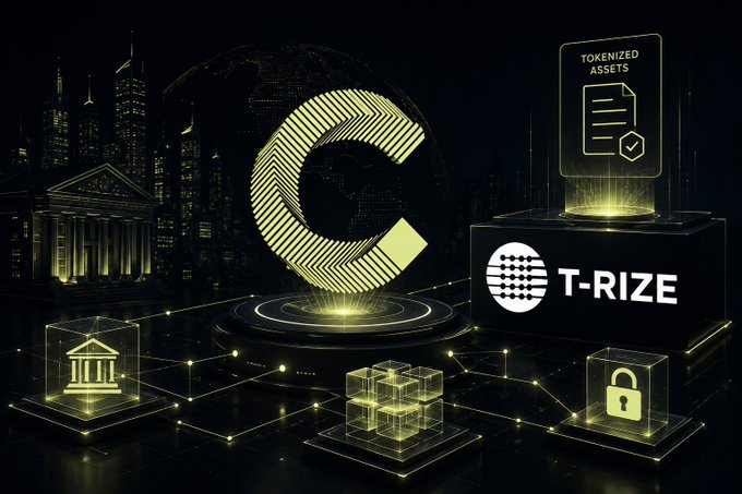 A futuristic digital graphic features a glowing 'C' symbol hovering above interconnected nodes, alongside 'T-RIZE' branding and a 'TOKENIZED ASSETS' document, with classical building icons set against a cityscape.