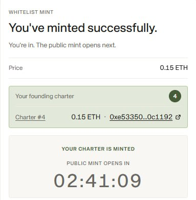 A confirmation screen showing a successful whitelist mint at 0.15 ETH for Charter #4 (token 0xe53350...0c1192), with a countdown of 02:41:09 until the public mint opens. This corresponds to the user's tweet about minting an NFT from @standard_rsv, marking their first NFT mint in three years.