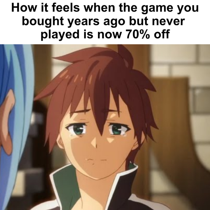 An anime-style meme featuring a brown-haired male character with a sad expression, captioned 'How it feels when the game you bought years ago but never played is now 70% off'.