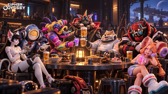 Promotional artwork for the video game "Cipher Odyssey" featuring a diverse cast of stylized characters gathered around a table with drinks.