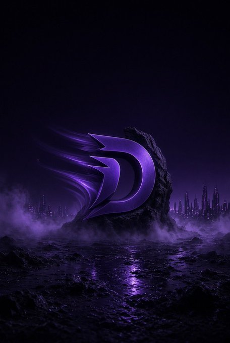A dark, atmospheric digital artwork featuring a glowing purple logo on a rocky outcrop above a misty, futuristic city skyline.