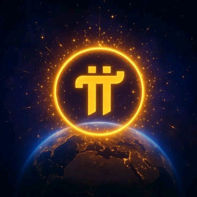 A glowing orange Pi (π) cryptocurrency logo is superimposed over Earth in space, surrounded by sparkling stars.