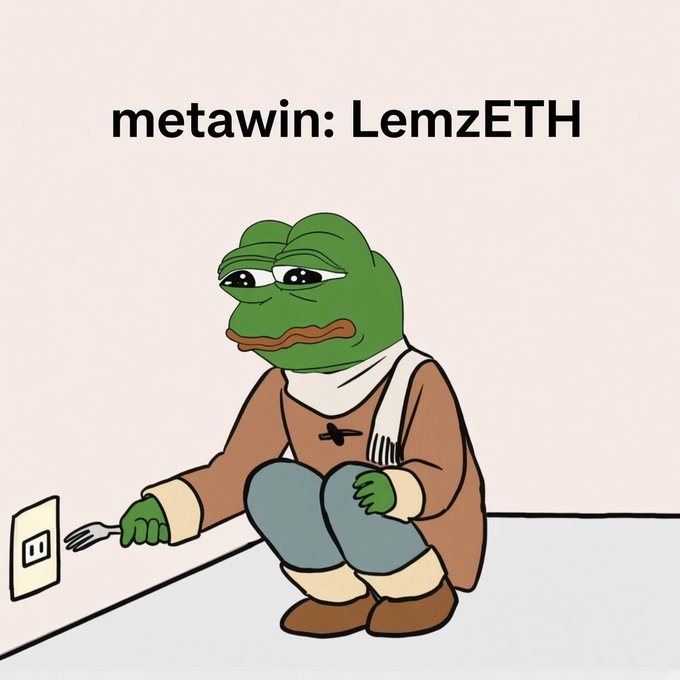 An internet meme image shows a sad-looking cartoon frog character sitting on the floor near an electrical outlet holding a plug, with the text 'metawin: LemzETH' displayed above.