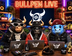 Three anthropomorphic bulls wearing sunglasses and jackets sitting at laptops under a 'BULLPEN LIVE' neon sign in a podcast studio setting.