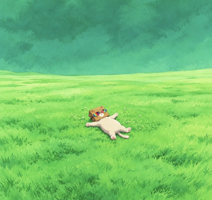 An illustration of a white cat lying on its back in a green grassy field, wearing a cardboard box on its head decorated with glowing red and blue eyes.
