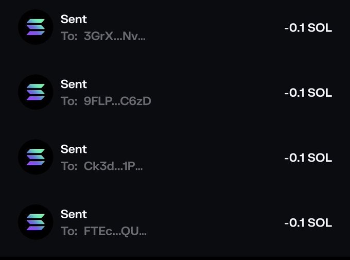 The image displays a transaction history on the Solana blockchain showing four "Sent" transfers of -0.1 SOL each to different recipient addresses (3GrX...Nv..., 9FLP...C6zD, Ck3d...1P..., and FTEc...QU...), which aligns with the post about sending small amounts of SOL to winners as part of a giveaway.