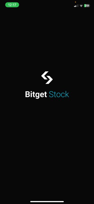 A smartphone splash screen displays the Bitget Stock logo and text against a black background, with the time “12:17” visible. It appears to illustrate the post’s message about transferring assets between disconnected platforms via Bitget rToken Transfer.