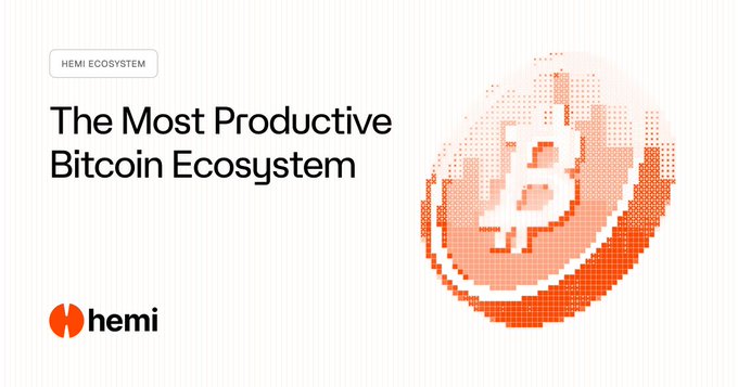 A promotional graphic for the "HEMI ECOSYSTEM" describing it as "The Most Productive Bitcoin Ecosystem," featuring an orange pixelated Bitcoin logo and the "hemi" brand mark.