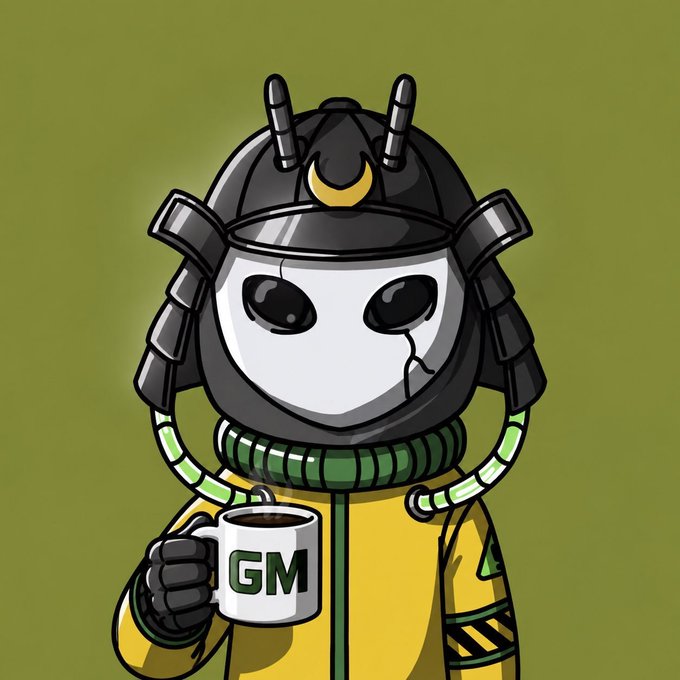 A cartoon character wearing a samurai helmet and mask holds a white mug reading "GM," dressed in a yellow jacket against an olive green background.