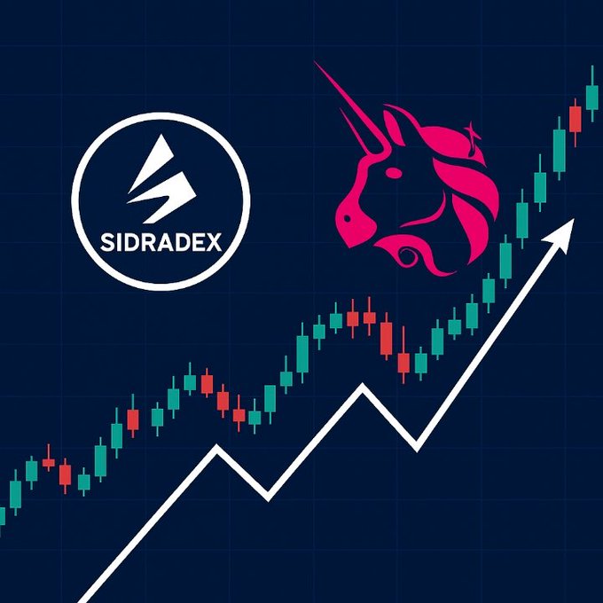 A promotional graphic for the Sidra DEX featuring a pink unicorn logo alongside an ascending candlestick chart and a rising white arrow on a dark blue background.
