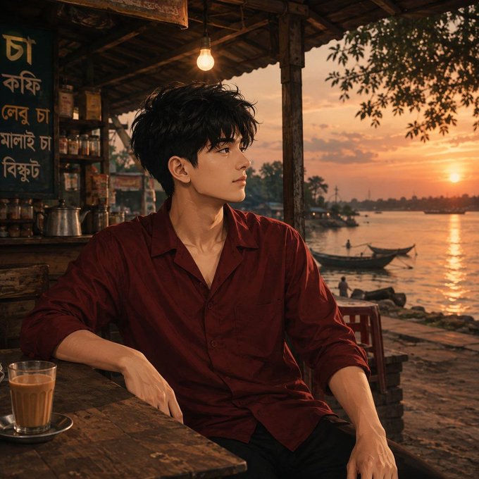 A young man in a maroon shirt sits contemplatively at a riverside chai stall at sunset, with Bengali script on a chalkboard menu behind him and boats drifting on the golden-lit water, evoking the peaceful end-of-day mood in the post.