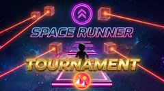 A digital thumbnail for a 'SPACE RUNNER TOURNAMENT' features neon space-themed graphics against a starry background.