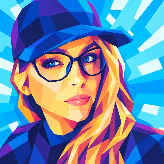 A vibrant pop art style portrait of a woman wearing a blue baseball cap and large glasses, rendered in bold geometric shapes with a blue radiating background.