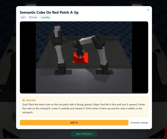 A pop-up titled "Semantic Cube On Red Patch A Up" shows a robotic arm simulation where a letter cube must be placed with its "A" face up on a red patch, with a "Start Mission" button below referencing @BitRobotNetwork's $8M raised funding and backers including Solana's Anatoly Yakovenko and Raj Gokal, aligning with the tweet's shift toward BitRobot as an alternative robotics investment.