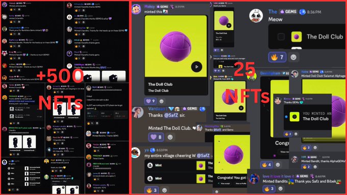 A collage of social media posts and NFT mints highlights 'The Doll Club' and 'Bored Bandis', noting '+500 NFTS' and '25 NFTs'.