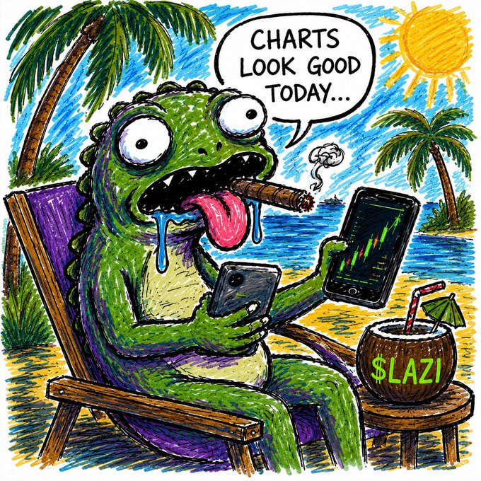 A cartoon lizard lounges on a beach chair smoking a cigar while holding two phones, one showing a green candlestick chart, with a speech bubble saying "CHARTS LOOK GOOD TODAY..." beside a coconut drink labeled "$LAZI." The image perfectly embodies the post's message of "The Laziest Lizard making the biggest moves," portraying $LAZI as a deceptively chill memecoin poised for gains.