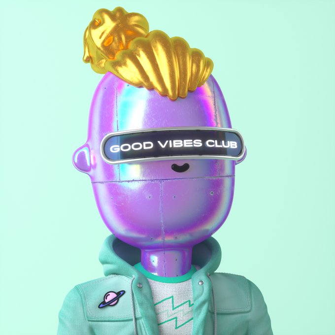 A metallic purple robotic character with a golden shell-shaped hairpiece wears a visor displaying "GOOD VIBES CLUB," along with a turquoise hoodie and Saturn pin. The image represents the Citizen of Vibetown #2645 NFT that sold for 0.28 ETH ($699.35) on OpenSea.