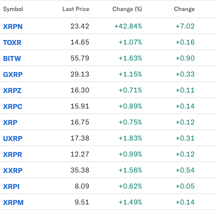 A stock market table showing symbols like XRPN (23.42, +42.84%), TOXR, BITW, G XRP, XRPZ, XRPC, XRP, UXRP, XRPR, XXRP, XRPI, and XRPM, all displaying positive percentage and point changes.