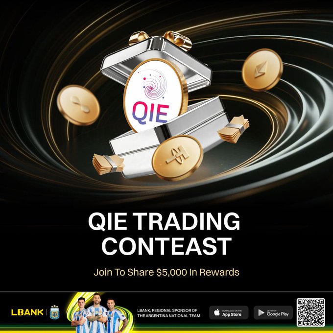 This promotional graphic for LBank's "QIE Trading Contest" features a central coin labeled "QIE" surrounded by gold tokens and silver bars against a swirling dark background, with the text "Join To Share $5,000 In Rewards" and LBank's sponsorship of the Argentina National Team displayed below, encouraging users to trade $QIE for a chance at prize money.