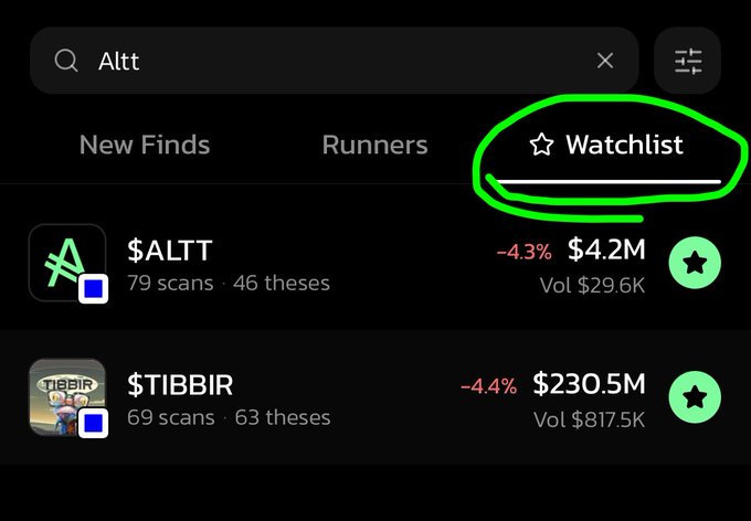 A mobile app screen showing a search for "Altt" with tokens $ALTT (down 4.3%, $4.2M) and $TIBBIR (down 4.4%, $230.5M), with the "Watchlist" tab circled in green.