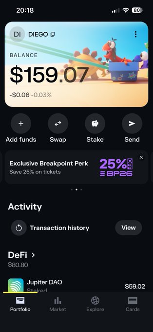 A mobile phone screenshot showing a crypto wallet with the name 'DIEGO', a balance of '$159.07', and a 'Jupiter DAO' staked position worth '$59.02', along with options like 'Add funds', 'Swap', 'Stake', and 'Send'.