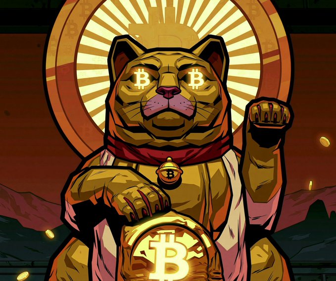 An illustrated graphic featuring a cat with Bitcoin symbols for eyes wearing a bell collar, sitting in front of a golden Bitcoin emblem with rays.