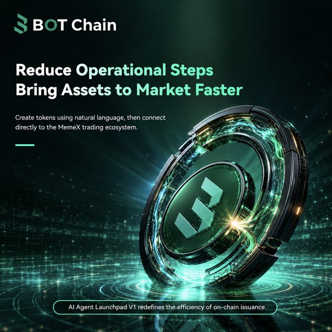 A 'BOT Chain' promotional graphic stating 'Reduce Operational Steps, Bring Assets to Market Faster' with 'AI Agent Launchpad V1' and a glowing teal coin emblem.