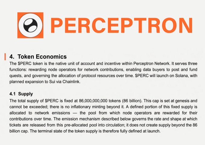 The image displays the Perceptron logo and Section 4 (Token Economics) of their documentation, detailing that $PERC has a fixed total supply of 86,000,000,000 tokens with no inflationary minting, rewards node operators, and will launch on Solana — directly supporting the post's announcement of Perceptron's first official tokenomics reveal.
