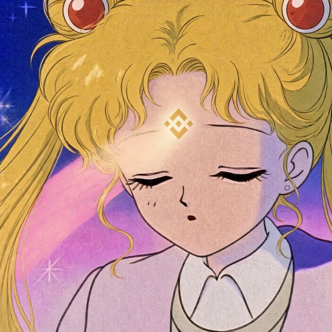 An anime-style illustration of Sailor Moon with closed eyes and blonde hair, featuring a glowing Binance logo on her forehead.