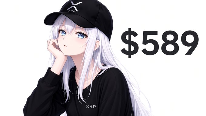 An anime-style girl with silver hair wears a black XRP cap and black XRP hoodie, posed next to the text '$589'.