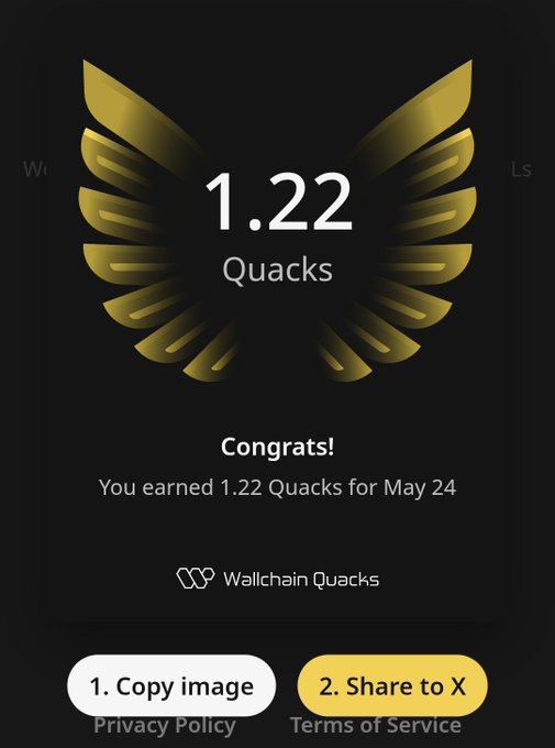 The image shows a screenshot of an app called "Wallchain Quacks", which is designed for users to earn Quacks by completing various tasks or challenges. The app displays a gold-colored trophy with a bird's wing design, indicating that the user has achieved a certain number of Quacks. The post on social media congratulates the user and suggests they share their achievement with others.
