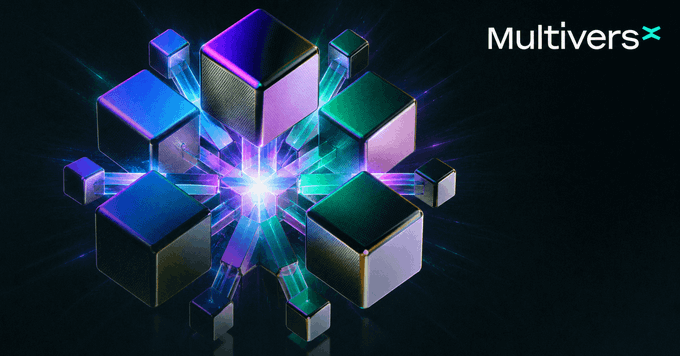 A promotional graphic for 'MultiversX' featuring colorful 3D cubes with a bright light emanating from the center against a dark background.