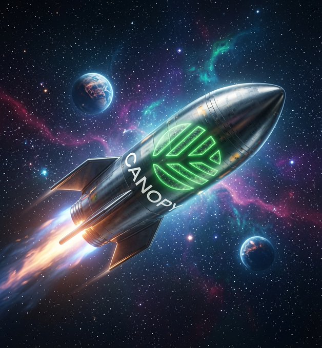 Digital artwork of a metallic rocket branded with 'CANOPY' flying through a colorful space scene with planets and nebulas.