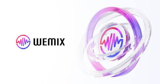A promotional graphic features the "WEMIX" logo alongside a stylized, translucent sphere composed of pink, purple, and blue rings against a white background.
