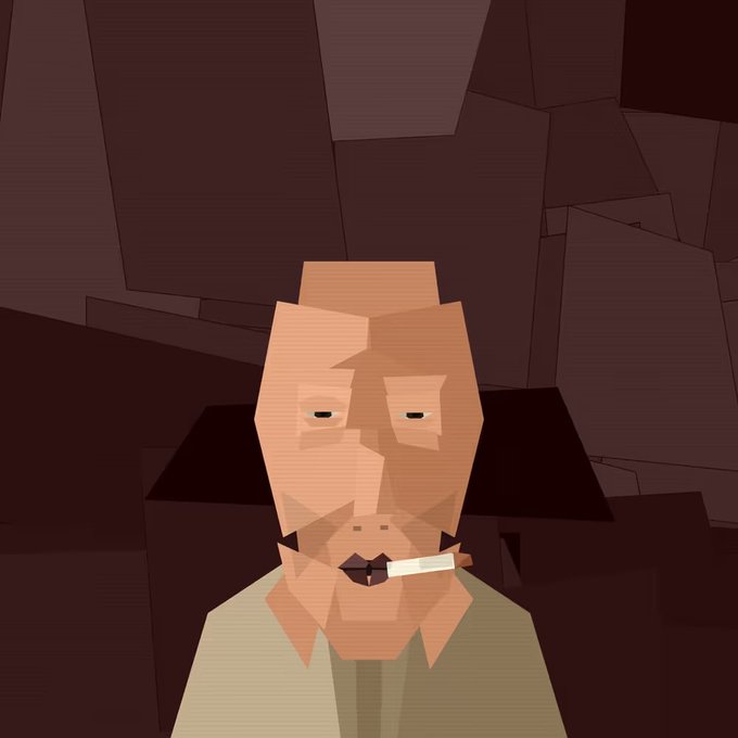The image features a cartoon depiction of an older man with a cigarette in his mouth. The man appears to be wearing a shirt and has a serious expression as he looks directly at the camera, possibly posing for a photo or drawing attention to himself. The image does not contain any text, but it is accompanied by a caption that reads "Are you still alive? Giving away Survivor #400 to those still alive - RT / share your ETH address - follow me - 1 winner Stay close, draw in 12h from now gl".