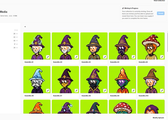 A screenshot of a "View Collection" page displaying pixel art wizard character NFT thumbnails labeled "RobinWitz #1" through "RobinWitz #10" (plus partial views of others) on green backgrounds, with a "Minting in Progress" notification indicating the 1,111-item collection is uploaded with a 0.00007 ETH mint fee to filter bots and favor real collectors on OpenSea.