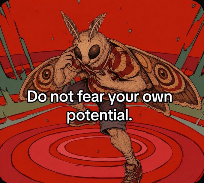 An illustrated moth-human character with an existential expression and the text 'Do not fear your own potential.'