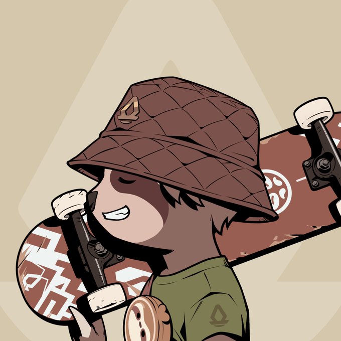 A stylized cartoon drawing of a person wearing a brown quilted bucket hat and a green shirt, holding a skateboard over their shoulder and smiling with closed eyes.