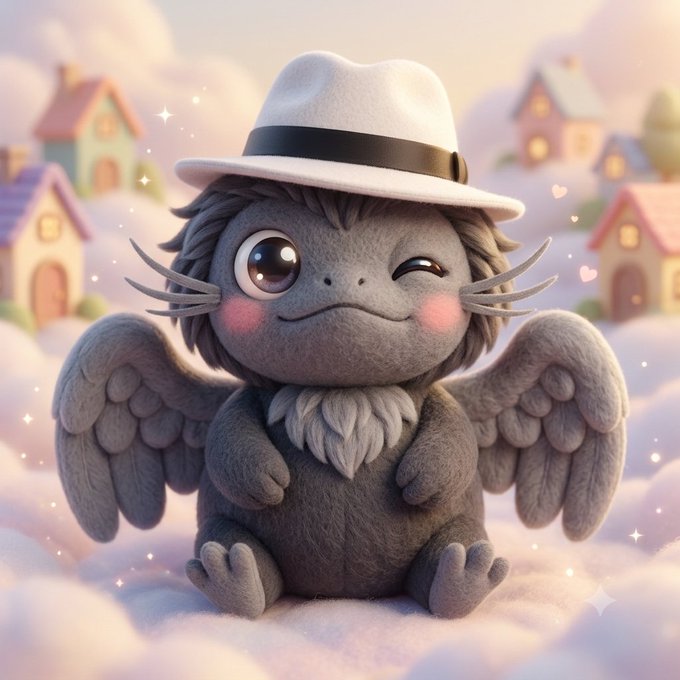 A cute digital illustration of a gray axolotl-like creature with wings, wearing a white fedora hat, winking and sitting on pink clouds with a village in the background.
