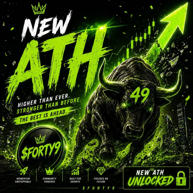A bold promotional graphic for "$FORTY9" features a charging black bull with glowing green eyes and the number "49," shattering upward alongside a green candlestick chart and rising arrow. Large text reads "NEW ATH — HIGHER THAN EVER. STRONGER THAN BEFORE. THE BEST IS AHEAD," with taglines like "NEW ATH UNLOCKED" and pillars of "Momentum Unstoppable," "Community Powered," "Built for Growth," and "Focused on Future," visually reinforcing the post's celebration of $FORTY9 reaching a new all-time high.